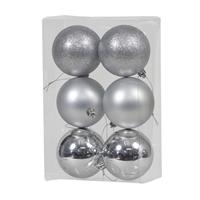 Bellatio 6x Zilveren Kunststof Kerstballen 8 Cm Glans/mat/glitter - Kerstbal