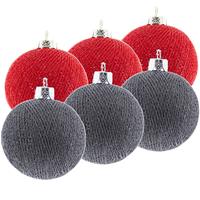 6x Rood/grijze Cotton Balls Kerstballen Decoratie 6,5 Cm - Kerstbal