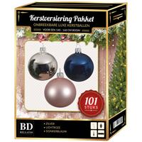 Bellatio 101 Stuks Kerstballen Mix Zilver-roze-blauw Voor 150 Cm Boom - Kerstballen Pakket