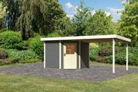 Karibu Gartenhaus NEURUPPIN 2 28 mm 244 x 244 m terragrau Gartenhaus Set mit einem Anbaudach Breite 32 m