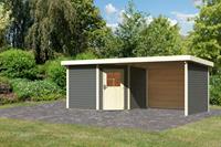 Karibu Gartenhaus NEURUPPIN 3 28 mm 274 x 274 m terragrau inkl. 320 m Anbaudach + Rück und Seitenwand