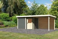 Karibu Gartenhaus NEURUPPIN 3 28 mm 274 x 274 m terragrau inkl. 320 m Anbaudach + Rückwand
