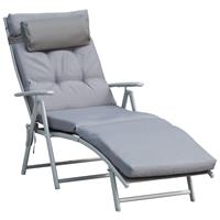 Outsunny ligbank met kussen, inklapbare strandstoel, tuinstoel, 7-traps verstelbare rugleuning, relax ligstoel, metaal, textilene, grijs, 137 x