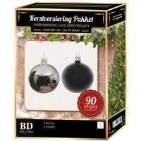 Bellatio Kerstballen Set 90-delig Voor 150 Cm Boom - Zilver Met Zwarte Kerstversiering