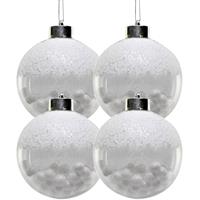 Bellatio 4x Witte Kunststof Kerstballen Met Sneeuwballetjes 8 Cm - Kerstboomversiering - Kerstversiering/kerstdecoratie Wit