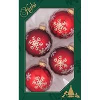 Bellatio 12x Stuks Luxe Glazen Kerstballen 7 Cm Rood Met Sneeuwvlok - Kerstbal