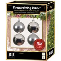 Bellatio Kerstbal En Ster Piek Set 108x Zilver - Voor 210 Cm Boom - Kerstboomversiering Zilver