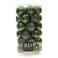 Bellatio 37x Stuks Kunststof Kerstballen Salie Groen 6 Cm Glans/mat/glitter Mix - Kerstbal