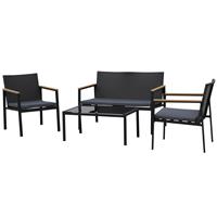 Outsunny Garten Möbelset, 4-teilige Sitzgruppe, Sitzgarnitur, 3 Sofa, Couchtisch, mit Sitzkissen, PP Rattan, Schwarz 108 x 66 x 75 cm - schwarz/grau