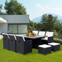 Outsunny Polyrattan Sitzgruppe Essgruppe 11tlg. mit Kissen Gartenmöbel Alu Schwarz - schwarz/cremeweiß
