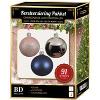 Bellatio Kerstbal En Piek Set 91x Zilver-lichtroze-donkerblauw Voor 150 Cm Boom - Kerstboomversiering