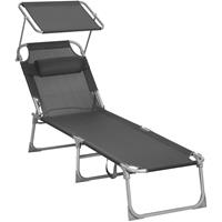 SONGMICS Ligstoel met zonnekap, Donkergrijs / 53 X 193 X 29 cm / IJzer, synthetische vezelstof