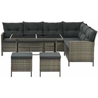 Juskys Polyrattan Lounge Manacor grau-meliert – Gartenlounge mit Sofa, Tisch, 2 Hocker & Kissen – Gartenmöbel Set bis 7 Personen – Sitzbezüge in Grau