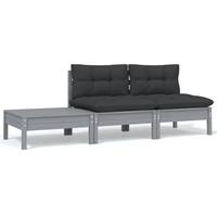 vidaXL 3-tlg. Garten-Lounge-Set mit Kissen Grau Kiefer Massivholz 