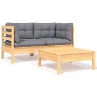 vidaXL 3-tlg. Garten-Lounge-Set mit Grauen Kissen Kiefer Massivholz 