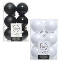 Decoris 48x stuks kunststof kerstballen zwart en wit 6 cm -