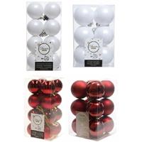 Decoris Kerstversiering kunststof kerstballen mix winter wit/donkerrood 4 en 6 cm pakket van 80x stuks -