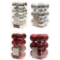 Decoris Kerstversiering kunststof kerstballen mix zilver/donkerrood 4 en 6 cm pakket van 80x stuks -