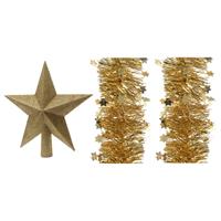 Decoris Set van een kerst ster piek en 2x stuks kerstslingers goud 270 x 10 cm -