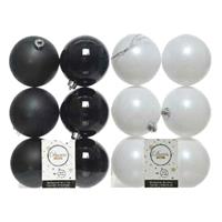 Decoris 24x stuks kunststof kerstballen zwart en wit 8 cm -