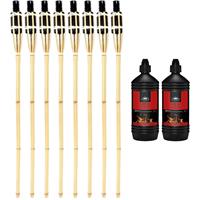 Esschert Design 8x stuks Bamboe tuinfakkels 90 cm inclusief 2 liter lampenolie/fakkelolie -