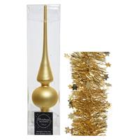 Decoris Kerstversiering glazen piek mat 26 cm en sterren folieslingers pakket goud van 3x stuks -