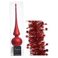 Decoris Kerstversiering glazen piek mat 26 cm en sterren folieslingers pakket rood van 3x stuks -