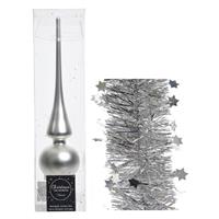 Decoris Kerstversiering glazen piek mat 26 cm en sterren folieslingers pakket zilver van 3x stuks -