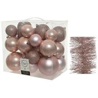 Decoris Kerstversiering kunststof kerstballen 6-8-10 cm met folieslingers pakket lichtroze van 28x stuks -