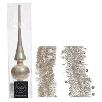 Decoris Kerstversiering glazen piek glans 26 cm en folieslingers pakket licht parel/champagne van 3x stuks -