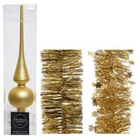 Decoris Kerstversiering glazen piek mat 26 cm en folieslingers pakket goud van 3x stuks -