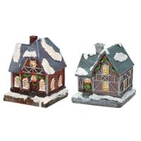 2x Kersthuisjes/kerstdorpje met verlichting 13 cm -