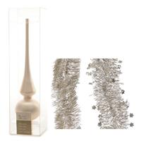 Decoris Kerstversiering glazen piek mat 26 cm en folieslingers pakket licht parel/champagne van 3x stuks -