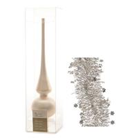 Decoris Kerstversiering glazen piek mat 26 cm en sterren slingers pakket licht parel/champagne van 3x stuks -