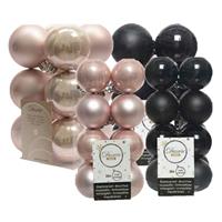 Decoris 56x stuks kunststof kerstballen zwart en lichtroze 4 en 6 cm -