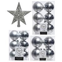 Decoris Kerstversiering kunststof kerstballen met piek zilver 6-8-10 cm pakket van 45x stuks -