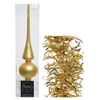 Decoris Kerstversiering glazen piek mat 26 cm en golf folieslingers pakket goud van 3x stuks -