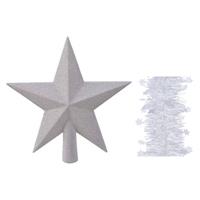 Decoris Kerstversiering kunststof glitter ster piek 19 cm en sterren slingers pakket winter wit van 3x stuks -