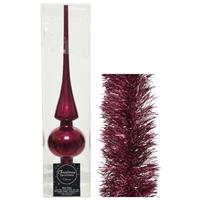 Decoris Kerstversiering glazen piek glans 26 cm en folieslingers pakket framboos roze van 3x stuks -