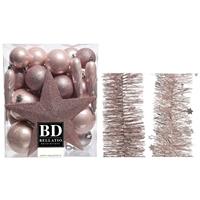 Decoris Kerstversiering kerstballen 5-6-8 cm met ster piek en folieslingers pakket lichtroze van 35x stuks -