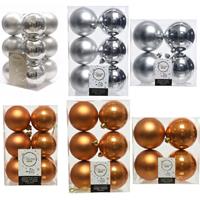 Decoris Kerstversiering kunststof kerstballen mix cognac bruin/zilver 6-8-10 cm pakket van 44x stuks -