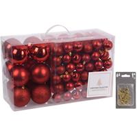 Bellatio 94-Delige kerstboomversiering kunststof kerstballen set rood incl. 100x ophanghaakjes -