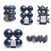 Decoris Kerstversiering kunststof kerstballen donkerblauw 6-8-10 cm pakket van 62x stuks -