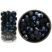 Bellatio 74x stuks kunststof kerstballen donkerblauw 6 cm glans/mat/glitter mix -