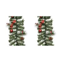 Decoris 2x Groene kerst dennenslingers guirlande met rode versiering 180 cm -