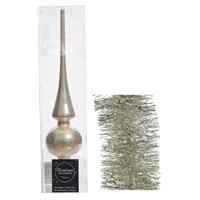 Decoris Kerstversiering glazen piek glans 26 cm en folieslingers pakket licht parel/champagne van 3x stuks -