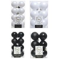 Decoris Kerstversiering kunststof kerstballen mix zwart/ winter wit 4 en 6 cm pakket van 80x stuks -