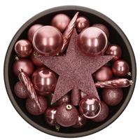 Bellatio Set van 33x stuks kunststof kerstballen met ster piek oudroze (velvet pink) mix -