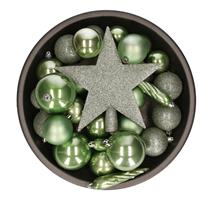 Bellatio Set van 33x stuks kunststof kerstballen met ster piek salie groen mix -