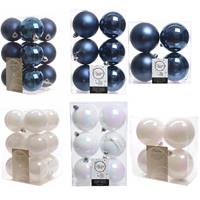 Decoris Kerstversiering kunststof kerstballen mix donkerblauw/parelmoer wit 6-8-10 cm pakket van 44x stuks -